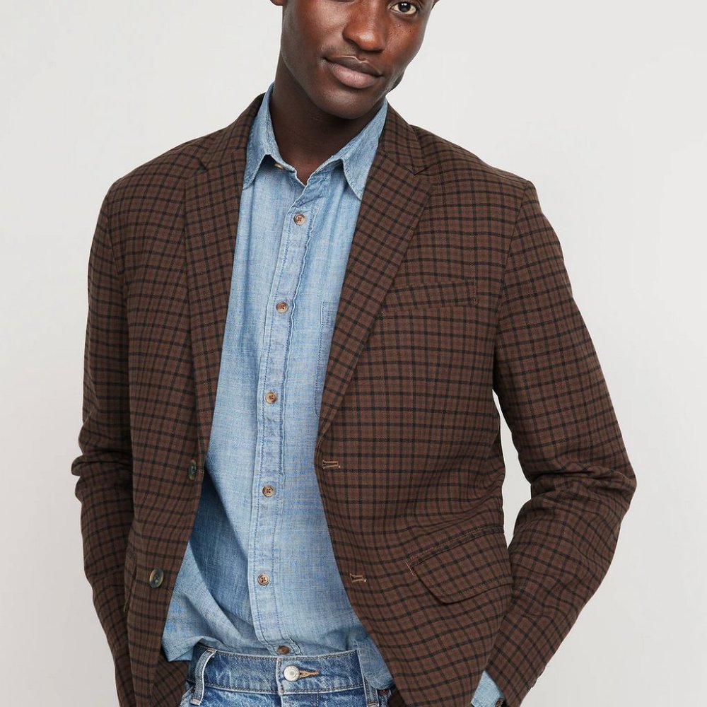 Old Navy Men's Built-In Flex Blazer, Dark Brown Plaid, size M